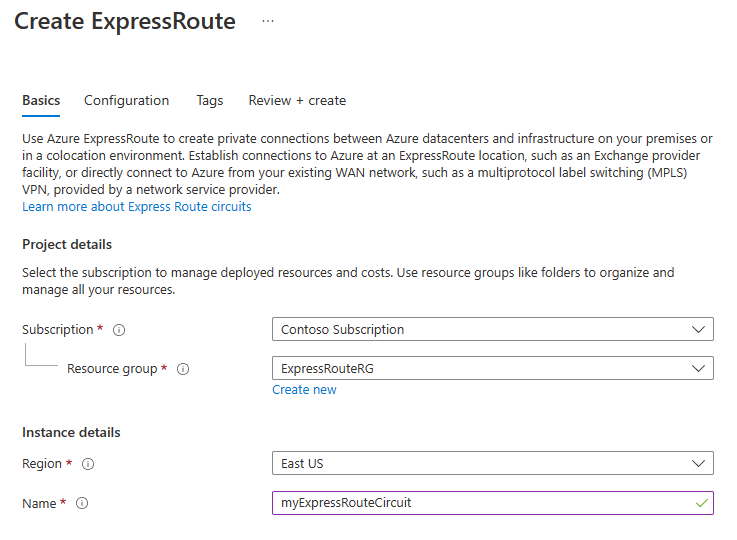用于创建 ExpressRoute 线路的“基本信息”页的屏幕截图。