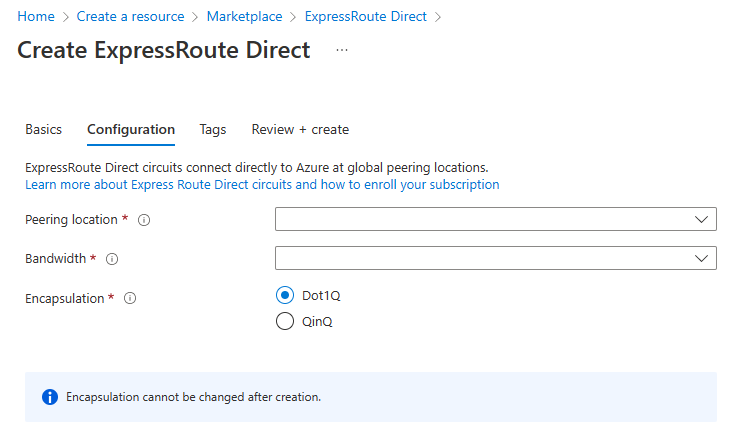 屏幕截图显示了“创建 ExpressRoute Direct”页面，其中选择了“配置”选项卡。
