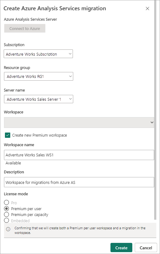 “创建迁移”浮出控件的屏幕截图。
