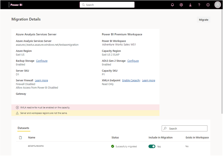 迁移详细信息的屏幕截图。