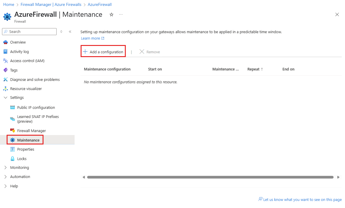 显示 Azure 防火墙资源中的“维护配置”选项的屏幕截图。