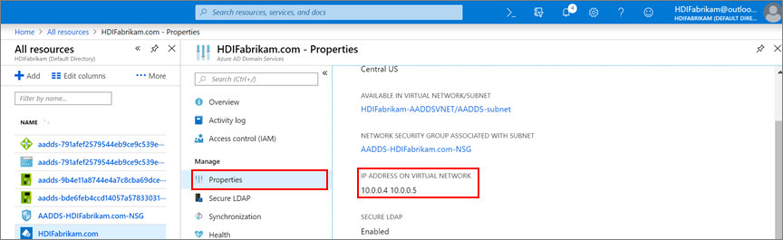 找到 Microsoft Entra 域服务的自定义 DNS IP 地址。