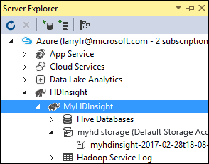 Visual Studio > 服务器资源管理器 > HDInsight 群集 > 存储帐户。