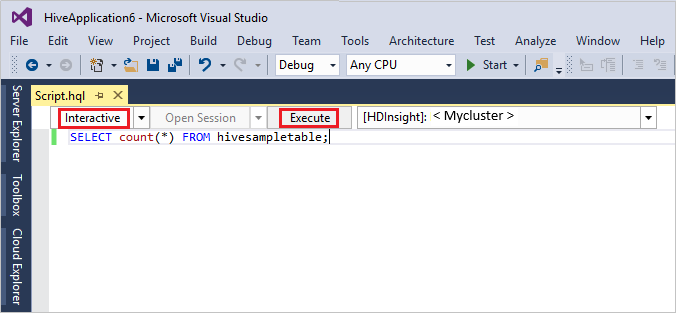执行交互式 Hive 查询，Visual Studio