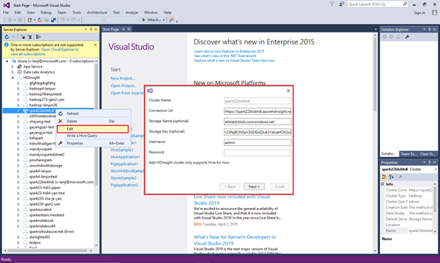 编辑已链接的群集，HDInsight，Visual Studio。
