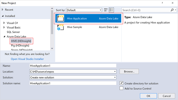 新建 Hive 应用程序，“配置新项目”窗口，HDInsight Visual Studio。
