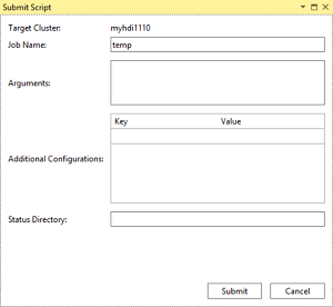 “提交脚本”对话框，Hive 临时查询，HDInsight 群集，Visual Studio。