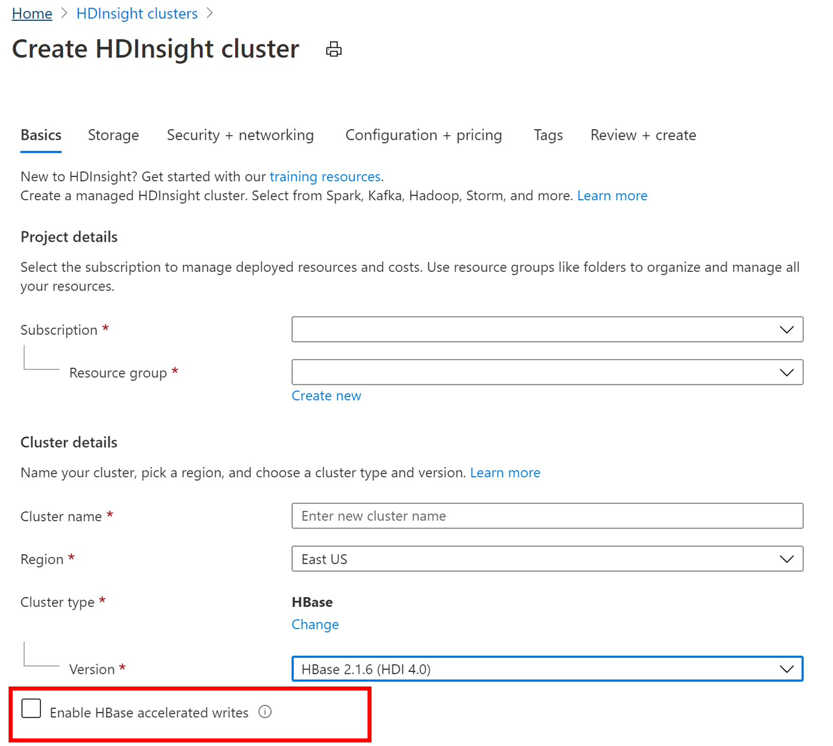 启用 HDInsight Apache HBase 的加速写入选项。