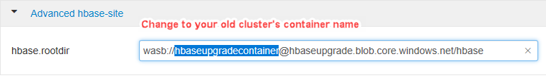 In Ambari, change the container name for the HBase rootdir.