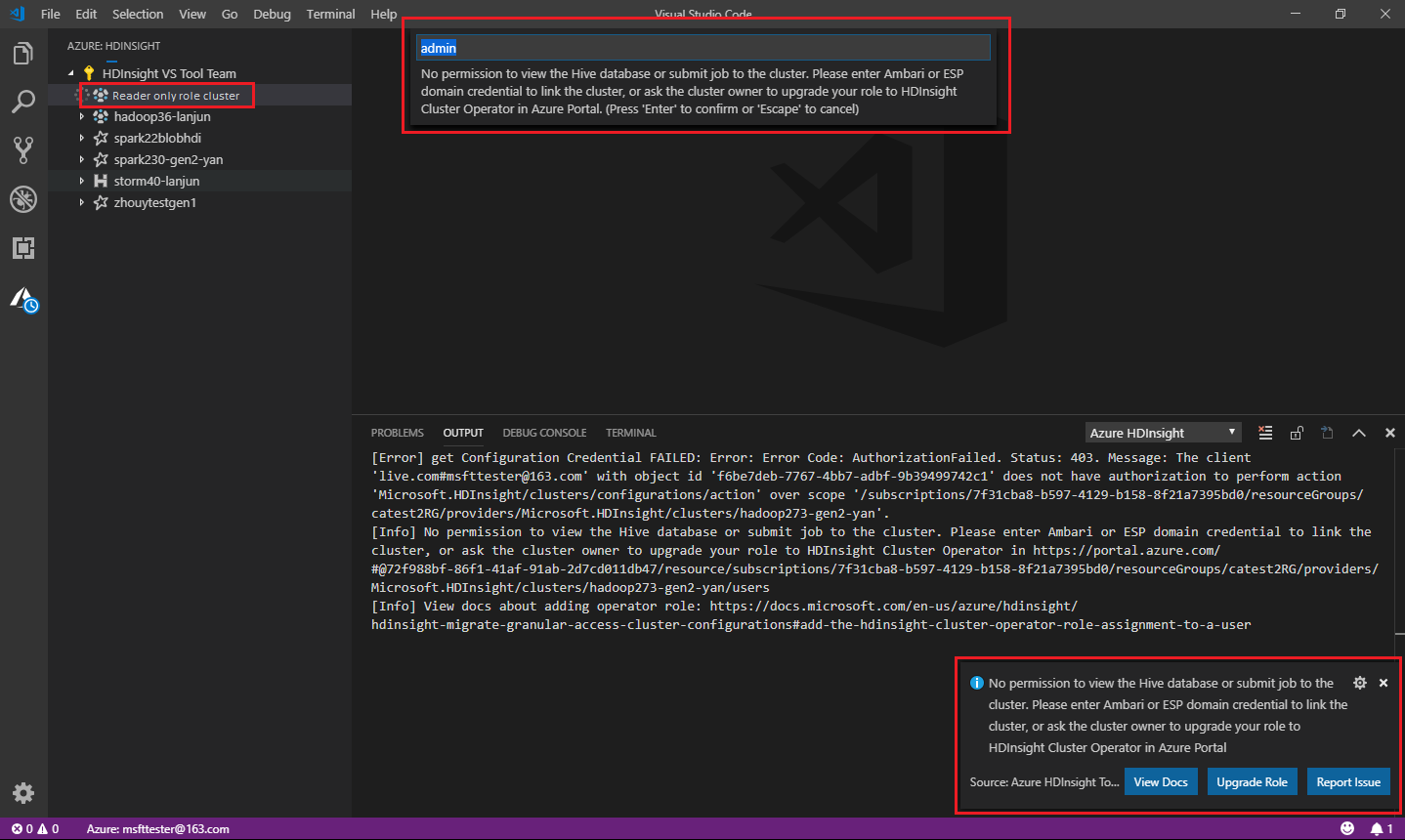适用于 Visual Studio Code 用户名的 Spark Hive 工具