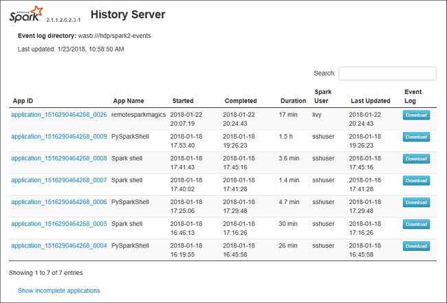 Spark History Server 页。