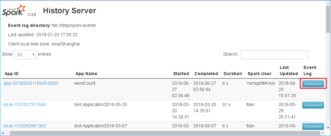 在 Spark History Server UI 中下载事件。