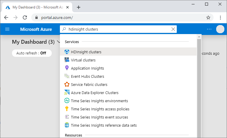 屏幕截图显示了用于 HDInsight 的 Azure 门户搜索。