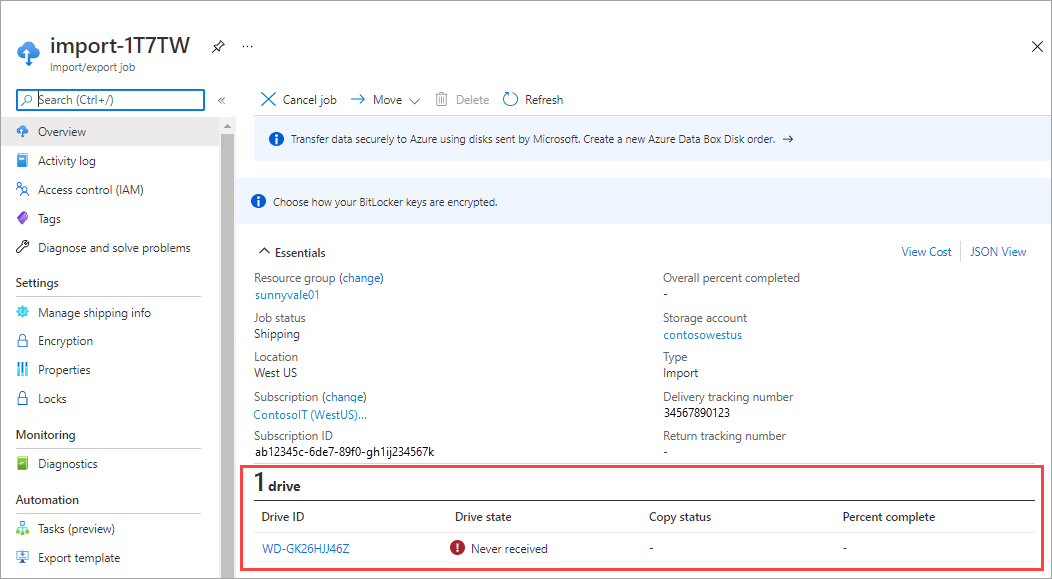 Screenshot showing drive state for an Azure Import Export order in the Azure portal. The Drive ID, Drive State, Copy Status, and Percent Complete for the drive are highlighted.