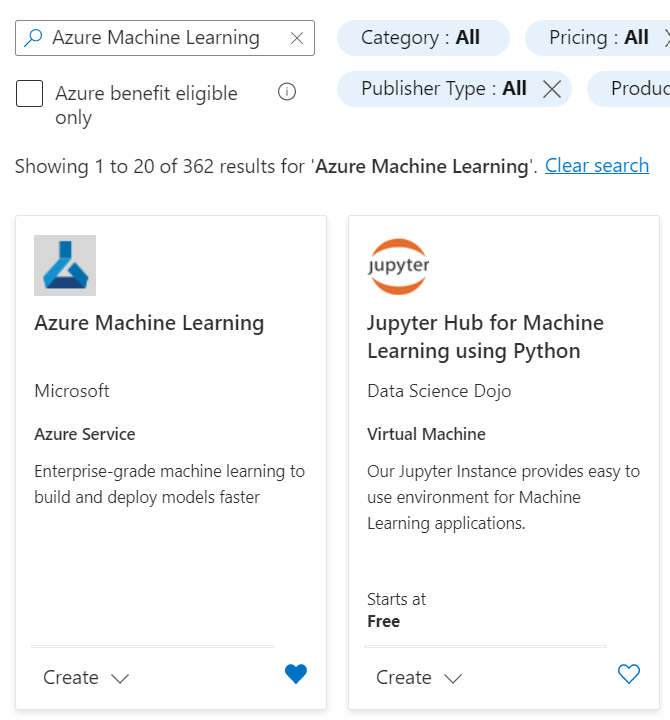 Screenshot shows search results to select Machine Learning.