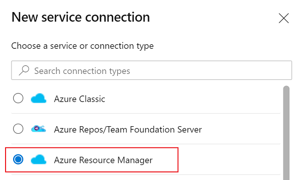 屏幕截图显示从新的服务连接下拉列表中选择“Azure 资源管理器”。