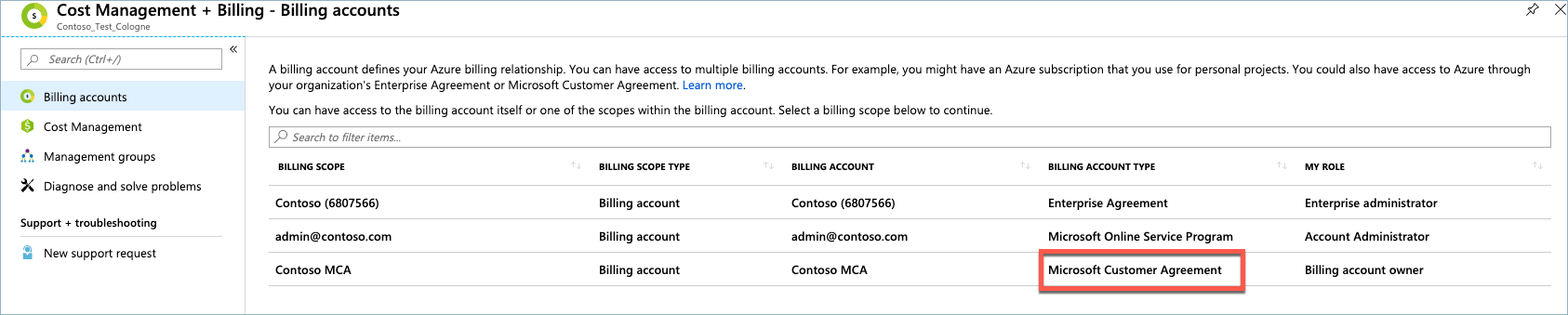 Microsoft 客户协议, 计费帐户类型, 计费帐户列表, Microsoft Azure 门户