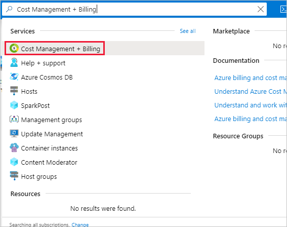 显示在 Azure 门户中搜索“成本管理 + 计费”的屏幕截图。