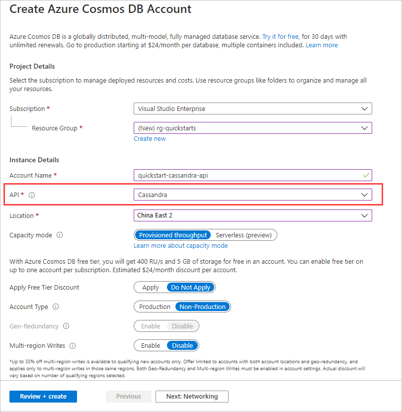 The new account page for Azure Cosmos DB for Apache Cassandra