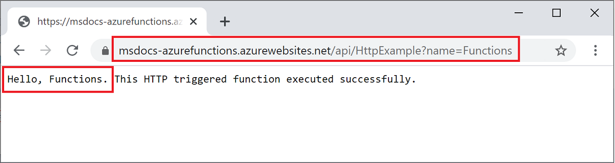 在 Azure 上运行函数后浏览器中的输出