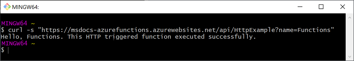 使用 curl 在 Azure 上运行函数后的输出