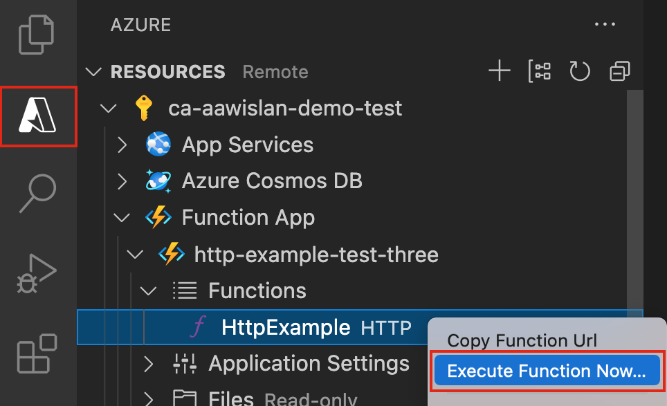 在 Azure 中从 Visual Studio Code 执行函数的屏幕截图。