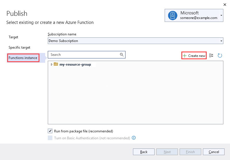 “发布”页的屏幕截图。在“Functions 实例”部分中，资源组可见，并突出显示了“新建”。