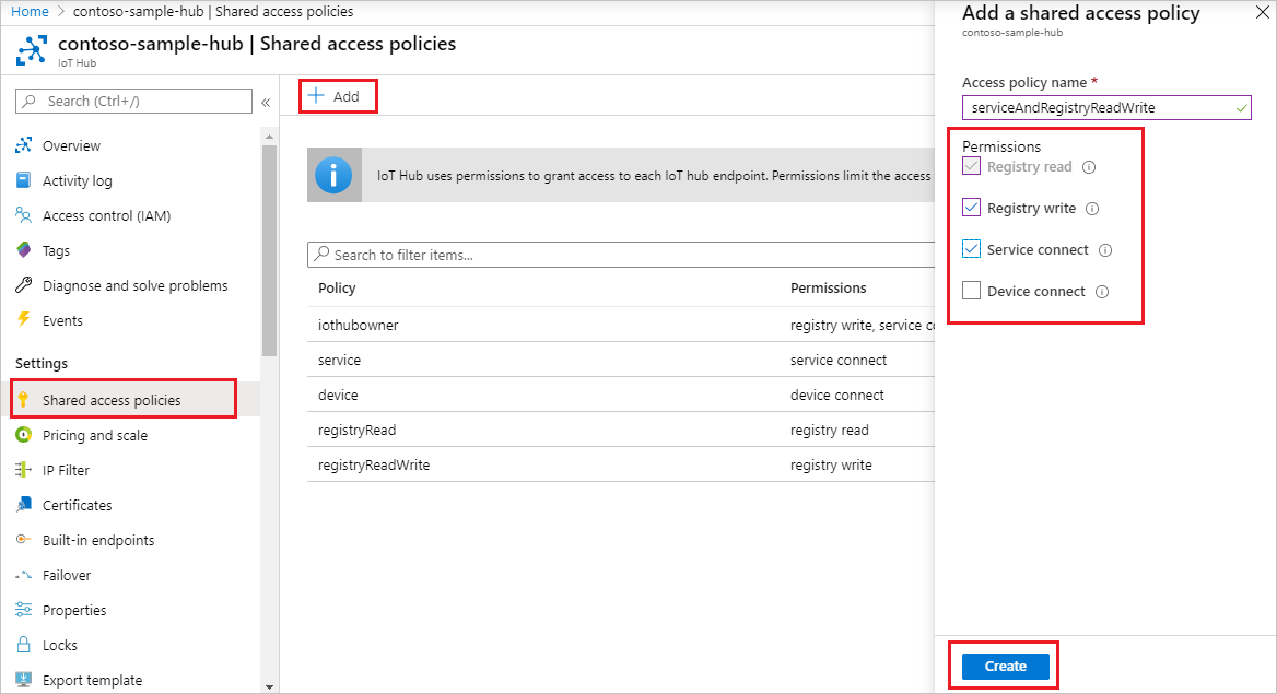 Screen capture that shows how to add a new shared access policy