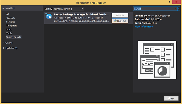“扩展和更新”对话框的屏幕截图，其中突出显示了用于 Visual Studio 包的 NuGet 包管理器。