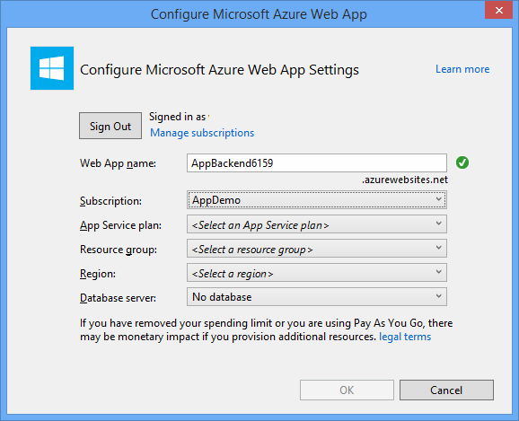 The Configure Azure Web App window