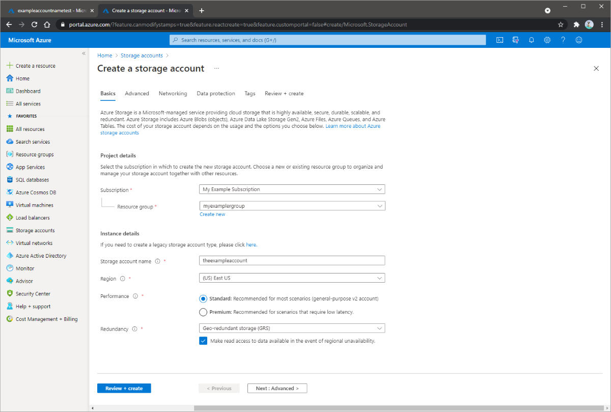 显示如何在 Azure 门户中创建存储帐户的屏幕截图。
