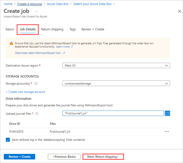 Screenshot of completed Job Details tab for an import job in Azure Data Box. The Job Detail tab and Next: Return Shipping button are highlighted.