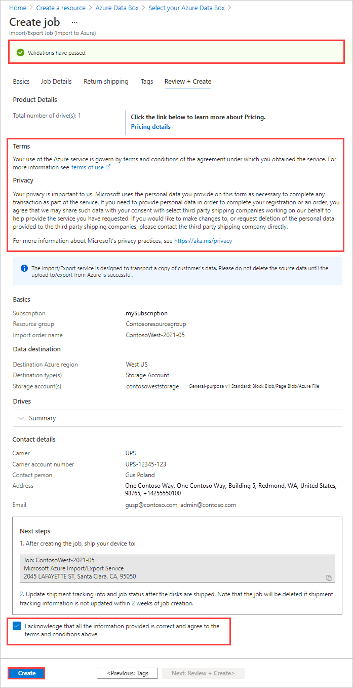 Screenshot showing the Review Plus Create tab for an Azure Import/Export job. The validation status, Terms, and Create button are highlighted.