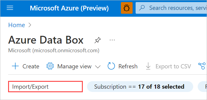 Screenshot showing how to filter Data Box resources in the Azure portal to show Import/Export jobs. The Search box is highlighted.