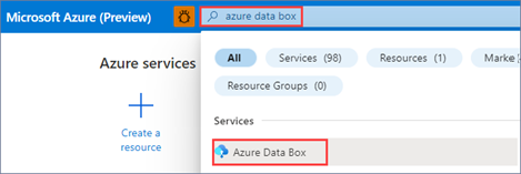 Screenshot showing how to search for Data Box jobs in the Azure portal. The Search box and selected Azure Data Box service are highlighted.