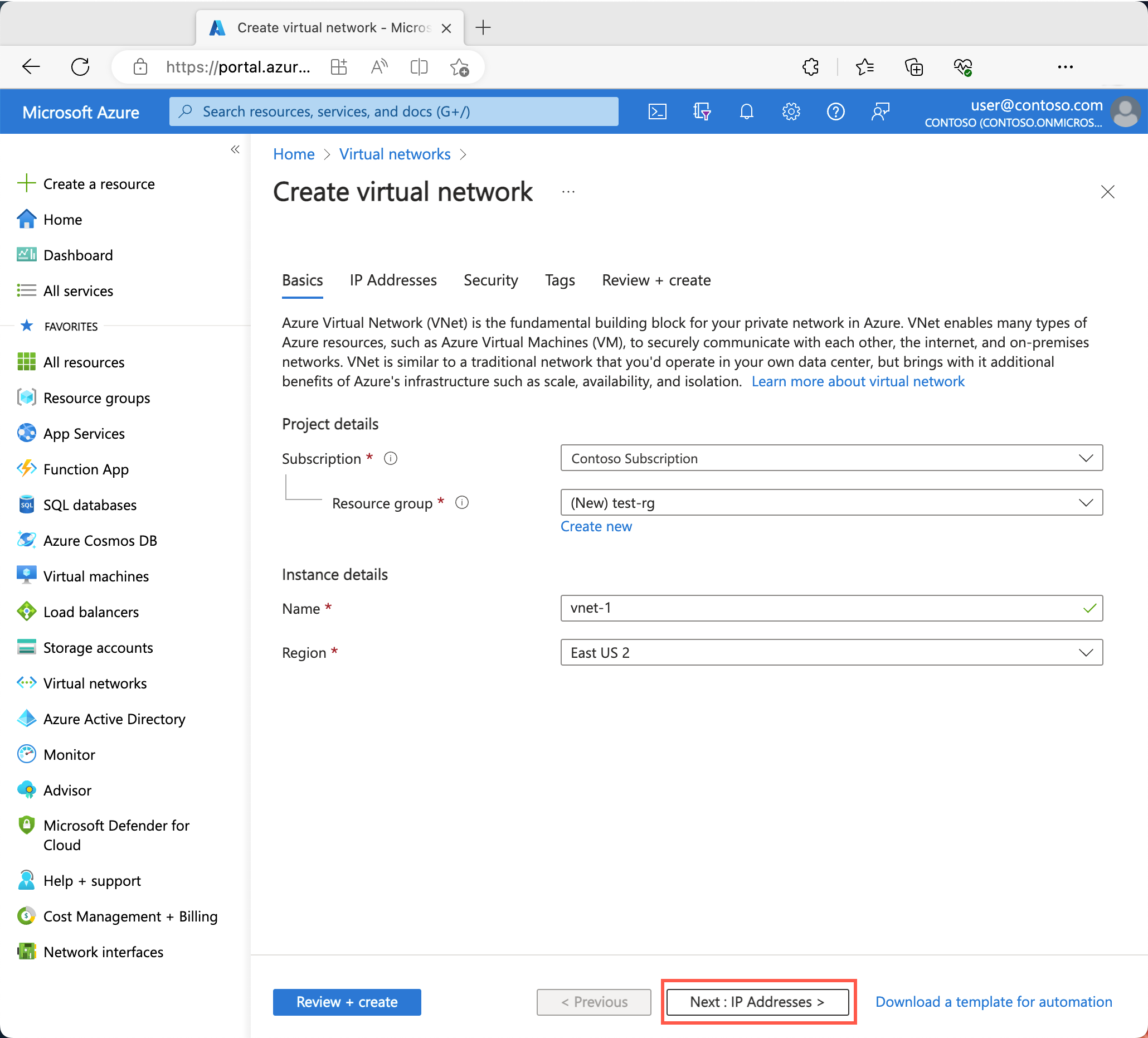 Screenshot of Basics tab of Create virtual network in the Azure portal