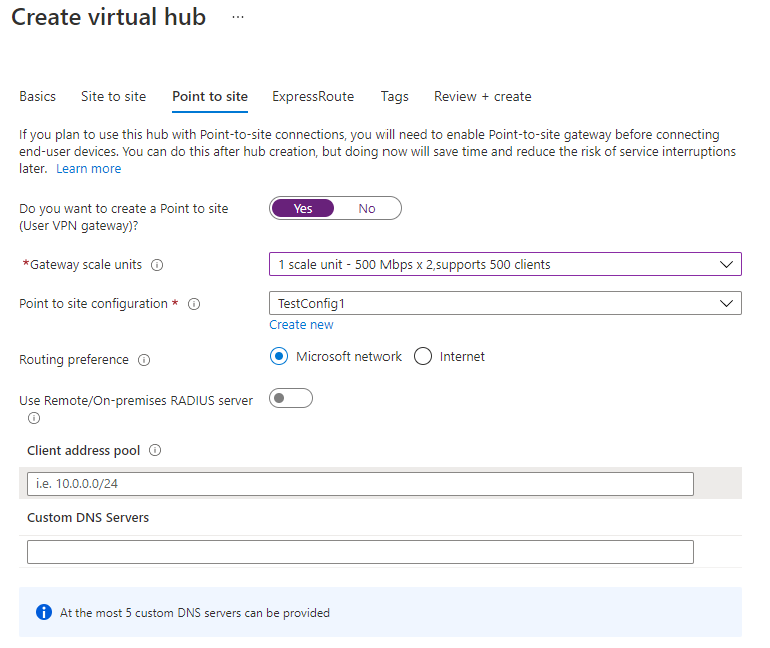 Screenshot of virtual hub configuration with point-to-site selected.
