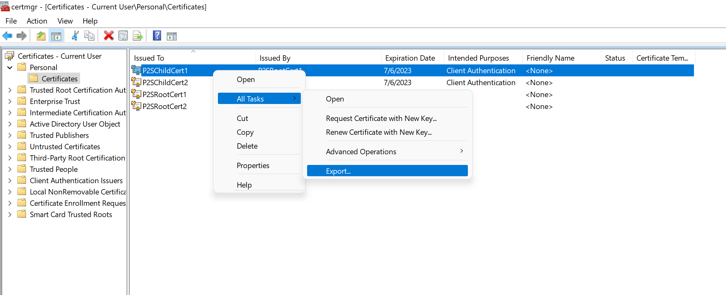 Screenshot shows the Certificates window with All Tasks and Export selected.