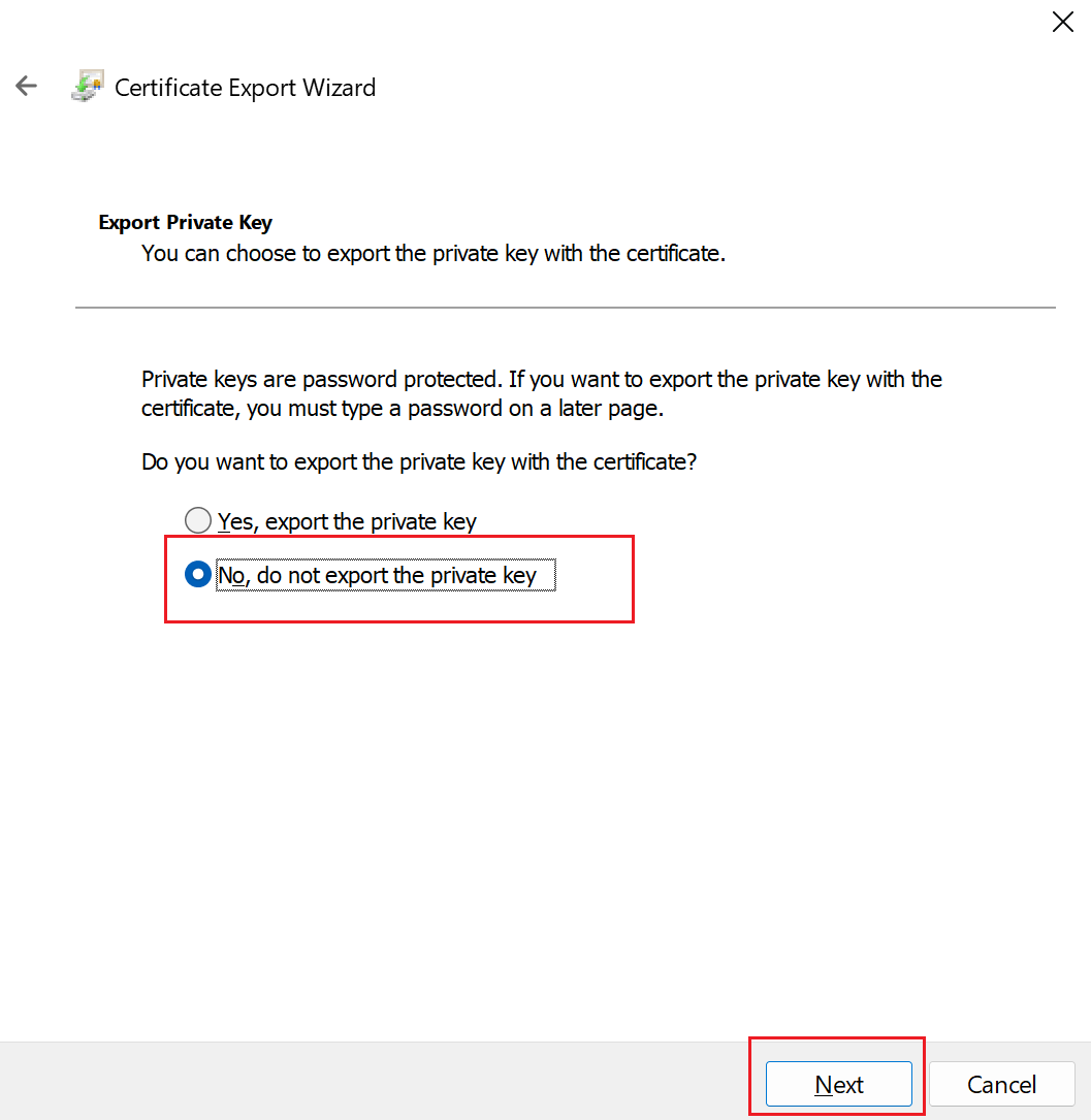 Screenshot shows Do not export the private key.