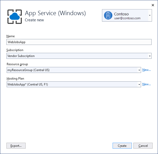 Create App Service dialog box