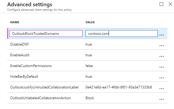 Azure Information Protection tutorial - create OutlookBlockTrustedDomains advanced client setting