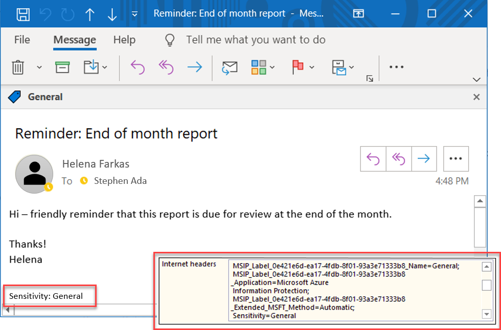 Sample email footer and headers showing Azure Information Protection classification