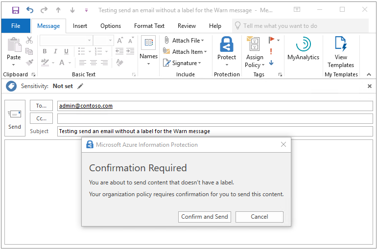 Azure Information Protection tutorial - see OutlookUnlabeledCollaborationAction advanced client setting with Warn value