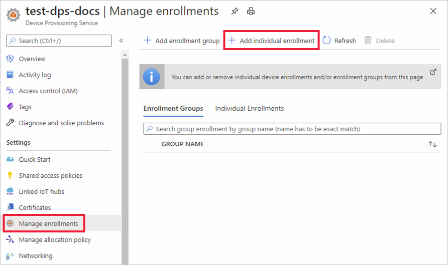 Screenshot that shows the add individual enrollment option.