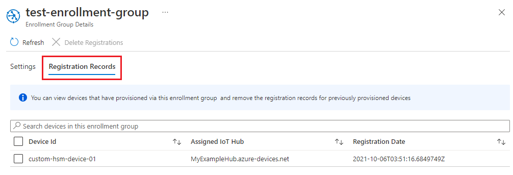 Screenshot showing the details link to view registration records for an enrollment group in the portal.