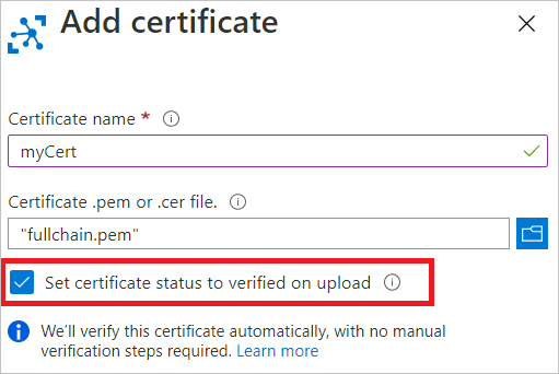 Screenshot that shows uploading a certificate and setting status to verified.