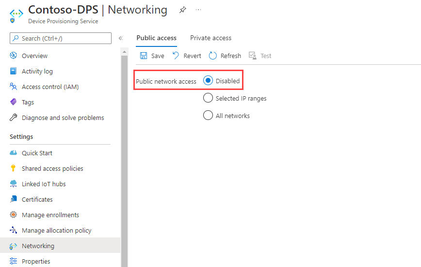 Image showing Azure portal where to turn off public network access