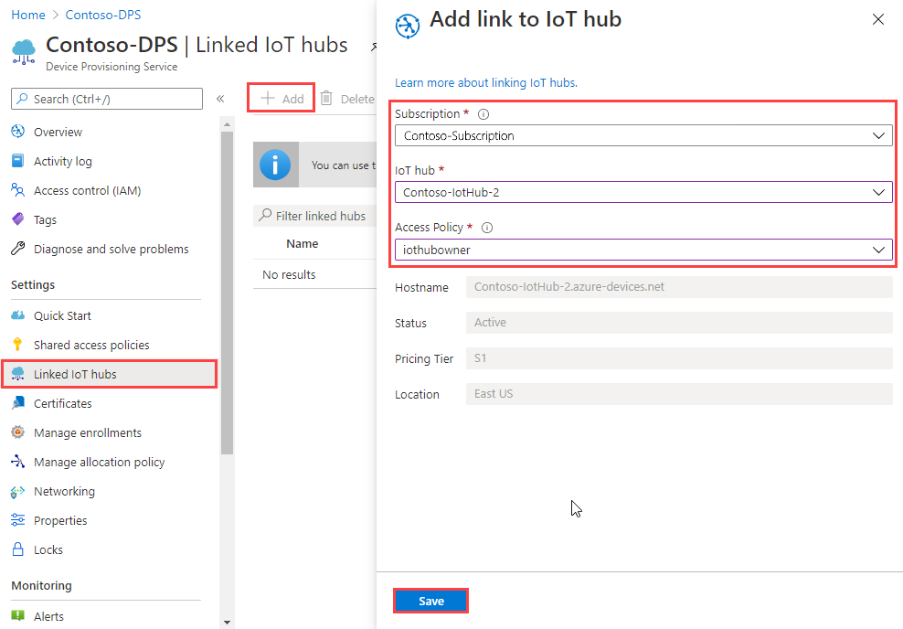 Screenshot showing how to link an IoT hub to the Device Provisioning Service instance in the portal blade.