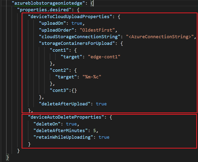 屏幕截图显示了如何在 Visual Studio Code 中为 azureblobstorageoniotedge 设置所需属性。