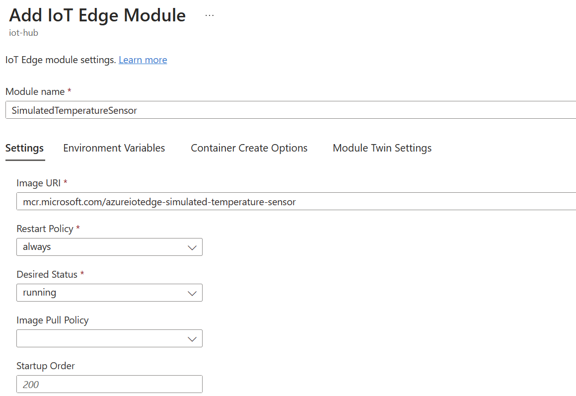 显示在 Azure 门户中为模拟温度传感器模块添加 IoT Edge 设置的屏幕截图。